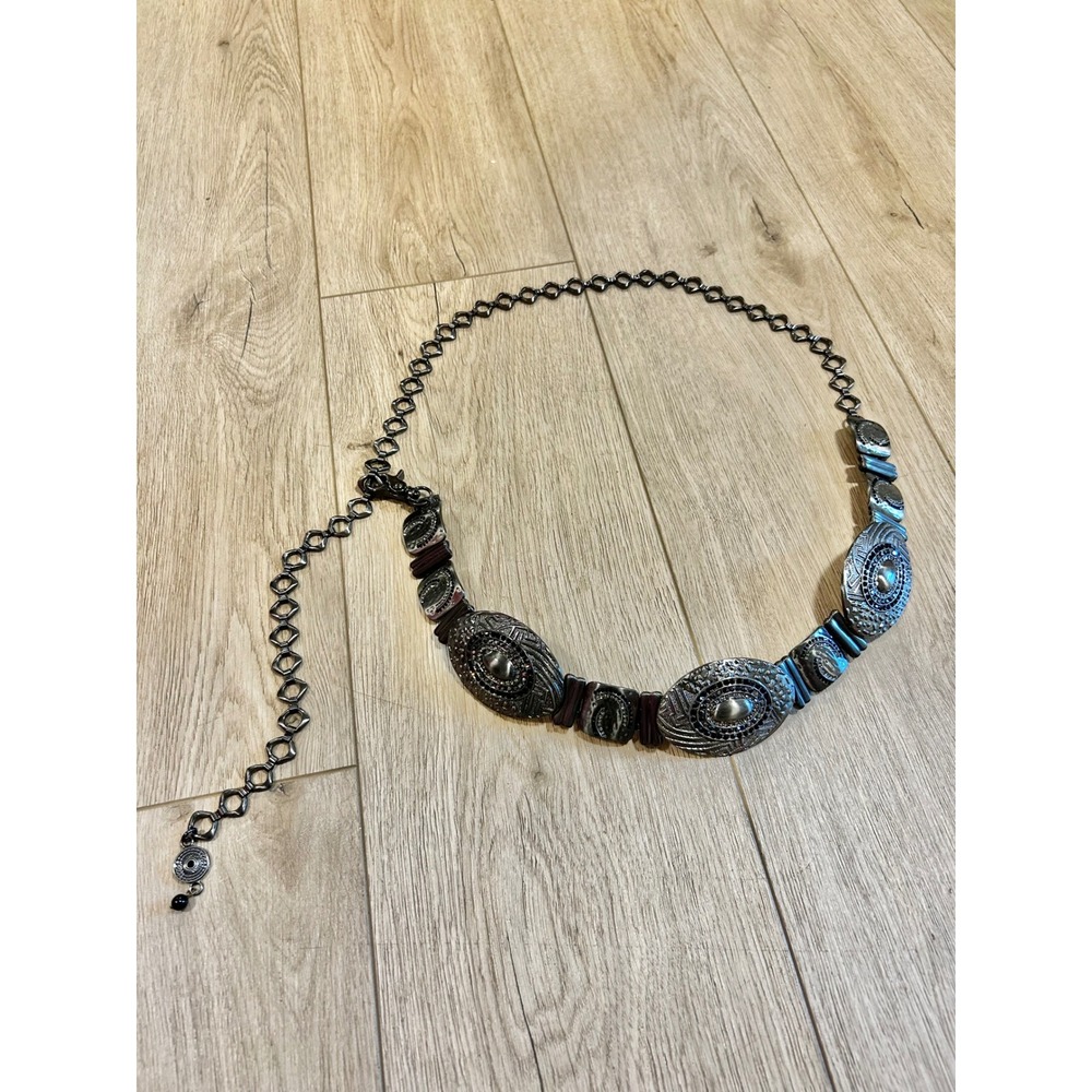 Chicos Gunmetal Medallion Chain Belt Adjustable Ornate Boho Rhinestone Dark Grey